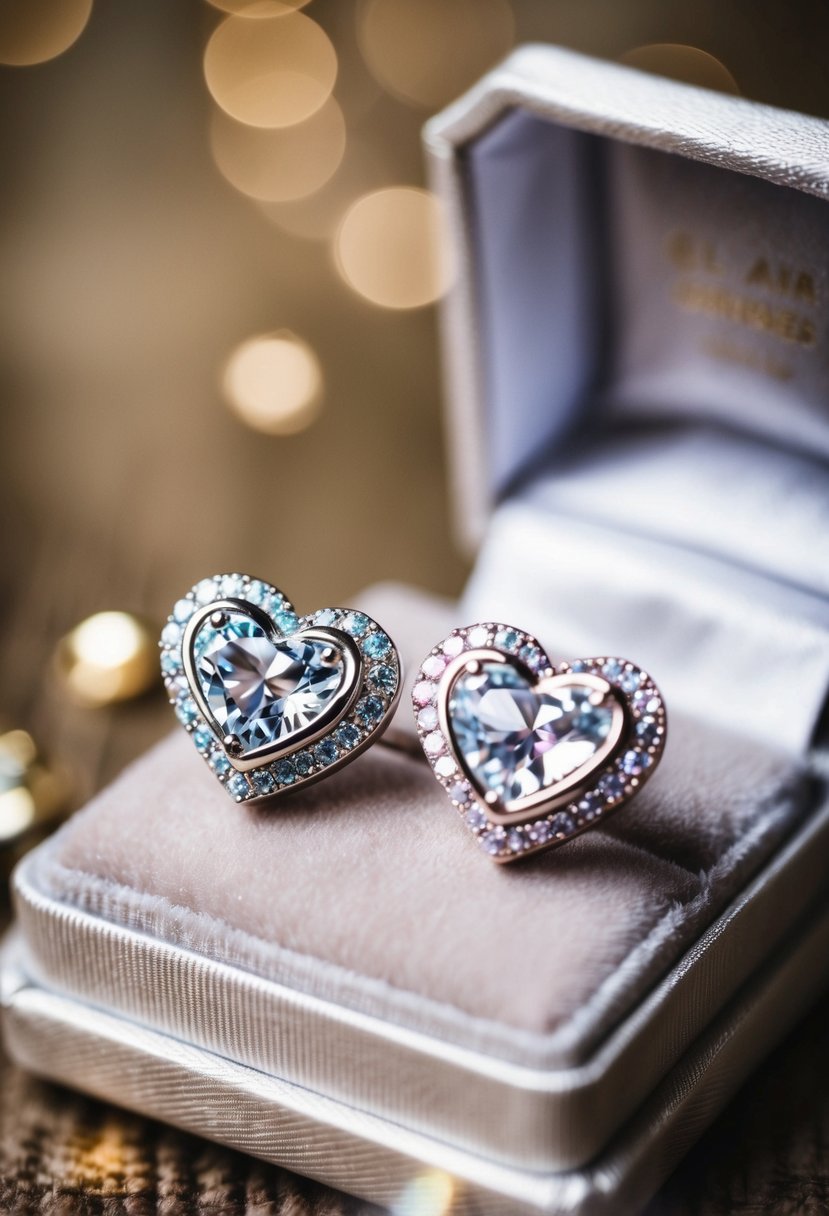 A pair of silver heart-shaped earrings adorned with sparkling gemstones, resting on a delicate velvet cushion