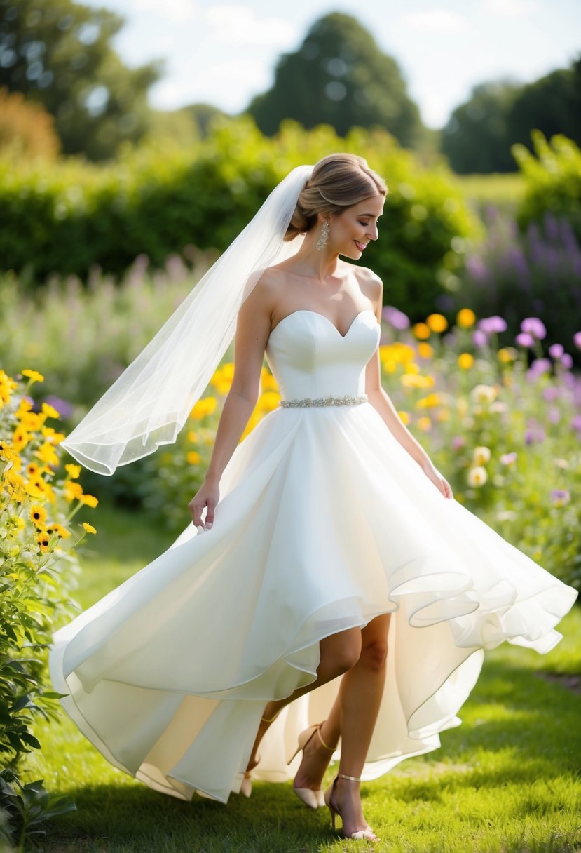 A bride twirls in a garden, her short dress flowing around her. Wildflowers bloom in the background, and a gentle breeze carries her veil