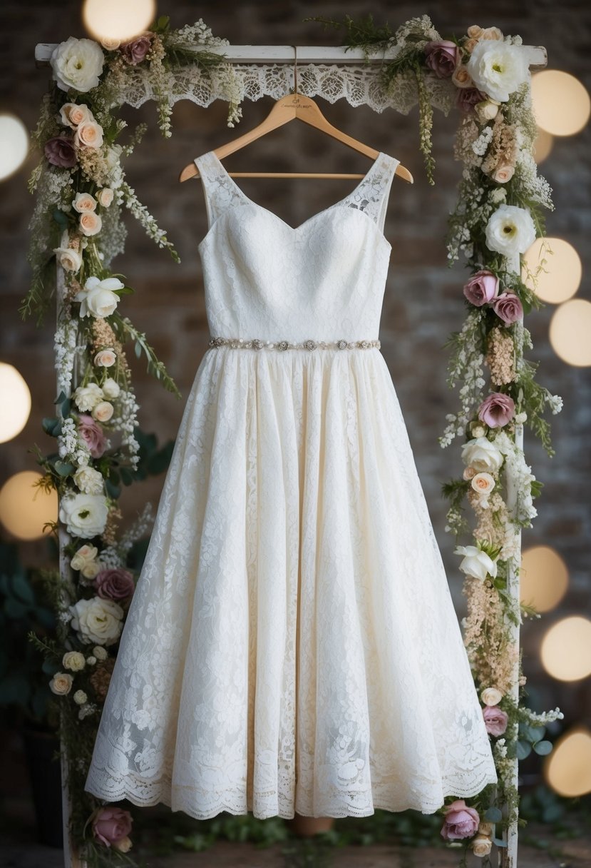 A lace tea-length dress hangs on a vintage hanger, surrounded by delicate floral accents and antique lace trimmings