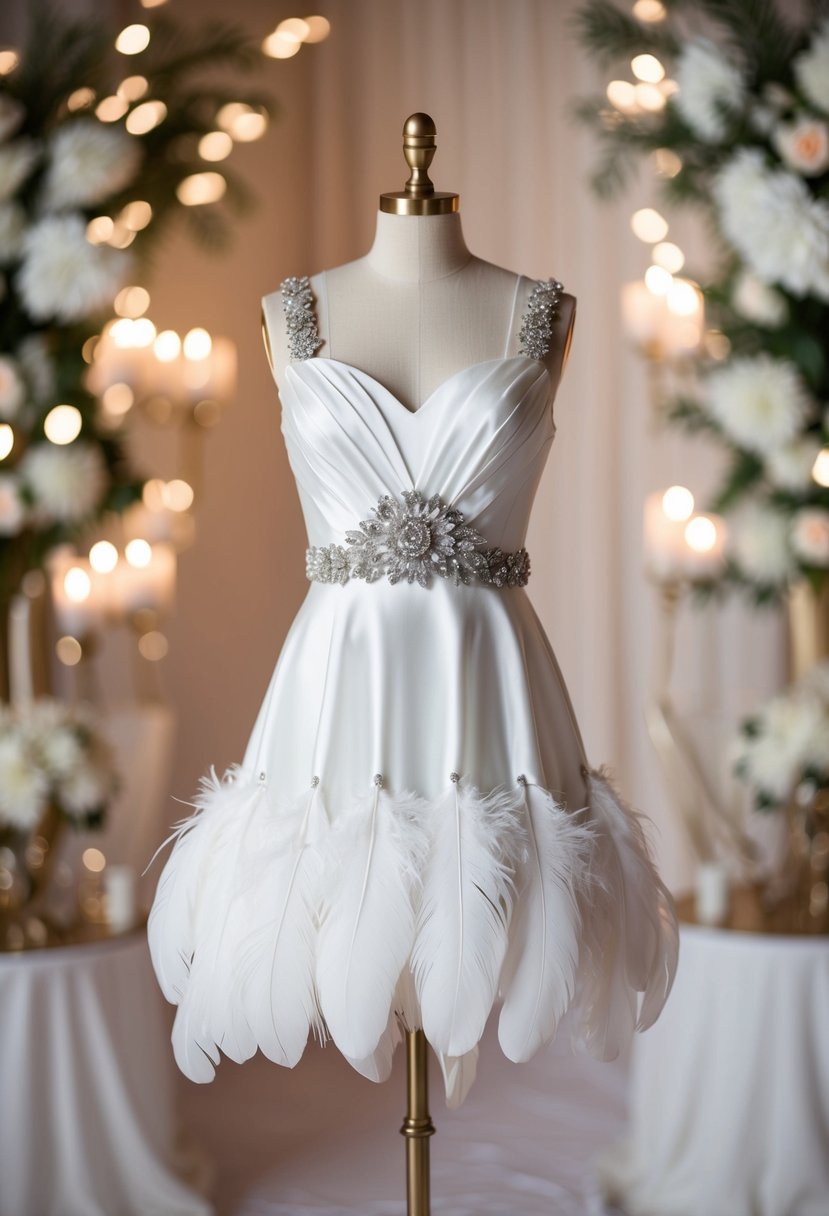 A chic mini dress adorned with feather accents, set against a backdrop of elegant wedding decor