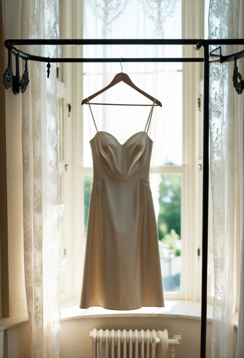 A satin slip short wedding dress hanging on a vintage coat rack in a sunlit room with lace curtains