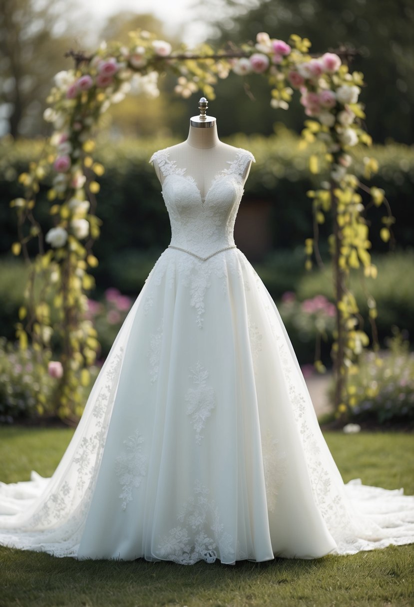 A line princess wedding dress with delicate lace and a flowing train, set against a romantic garden backdrop with blooming flowers and trailing vines