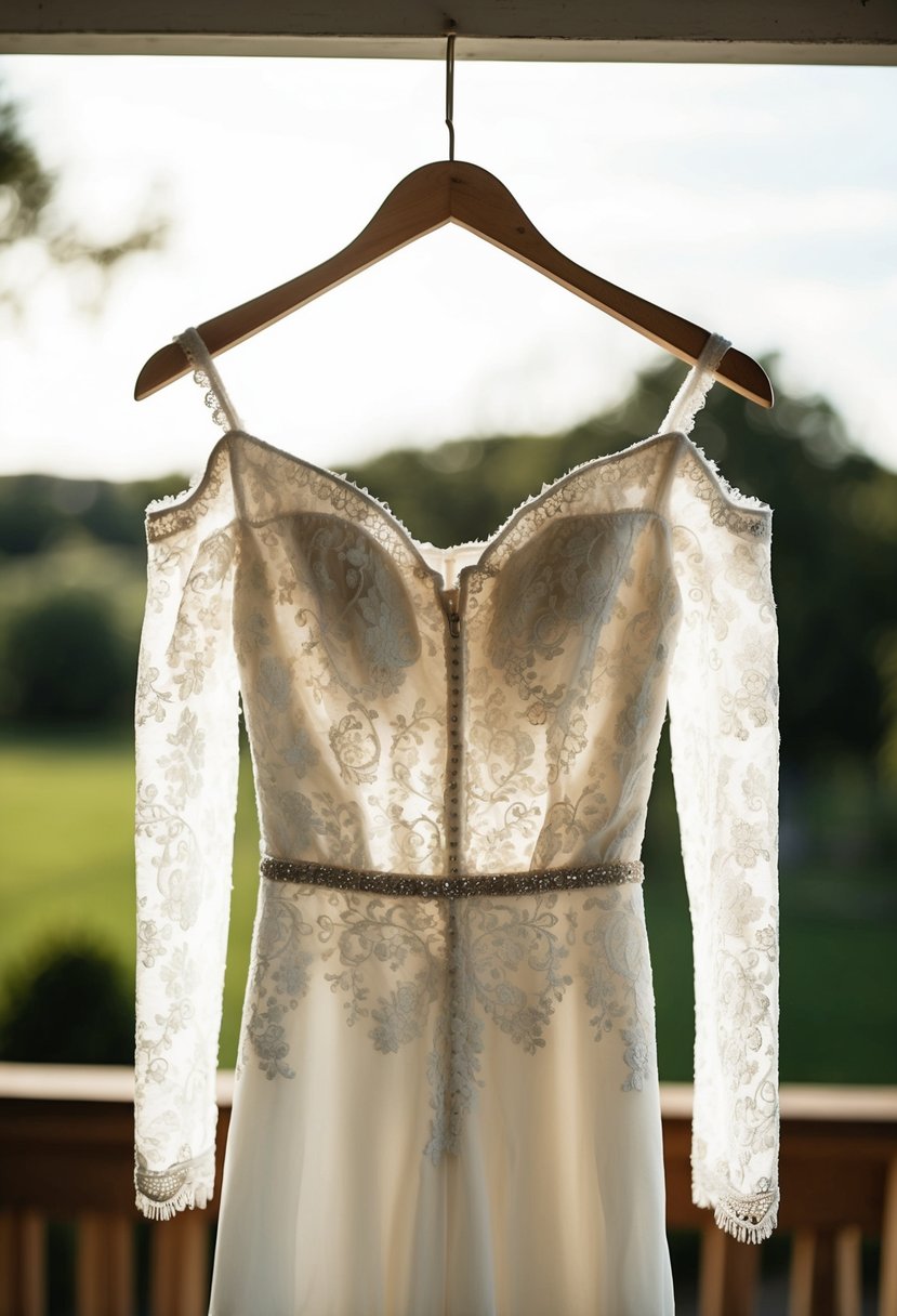 A lace off-the-shoulder wedding dress hanging on a vintage hanger