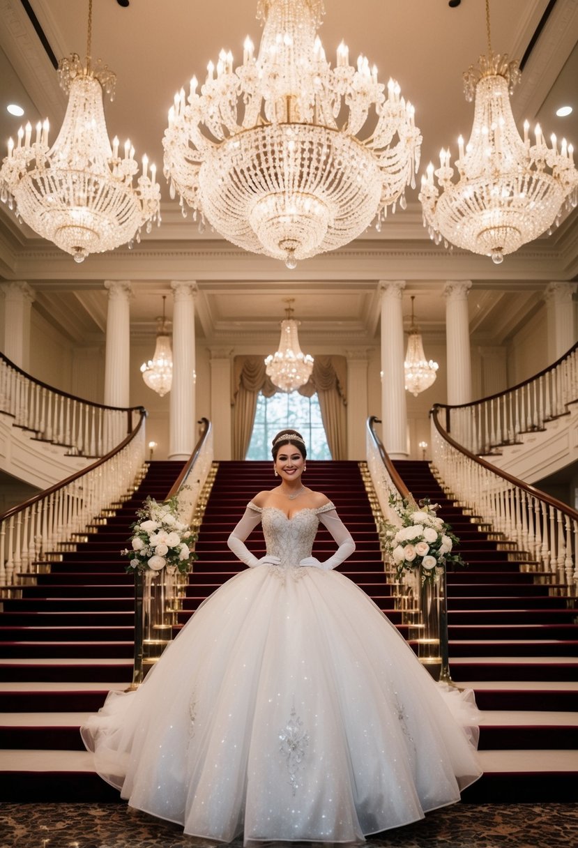 A grand ballroom with sparkling chandeliers and a sweeping staircase, featuring a stunning Cinderella-inspired ball gown as the centerpiece