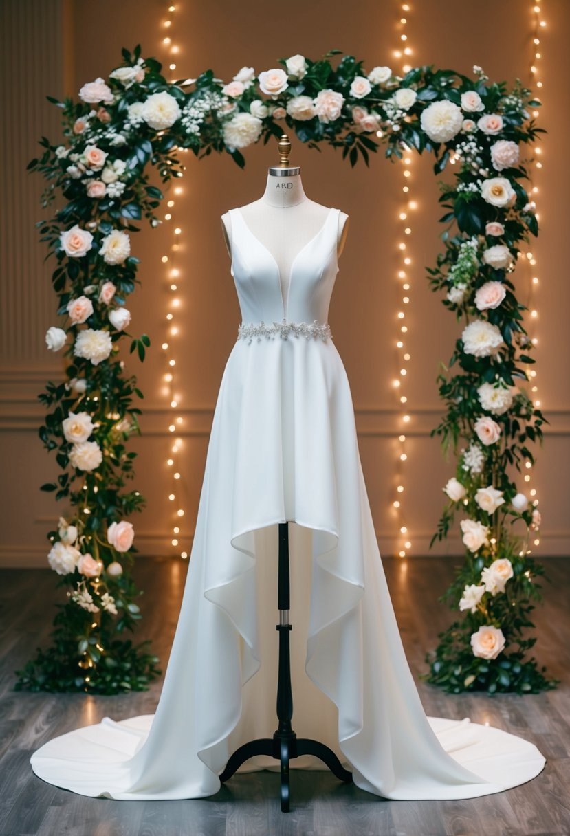 A modern high-low wedding dress displayed on a mannequin, surrounded by elegant floral arrangements and twinkling fairy lights