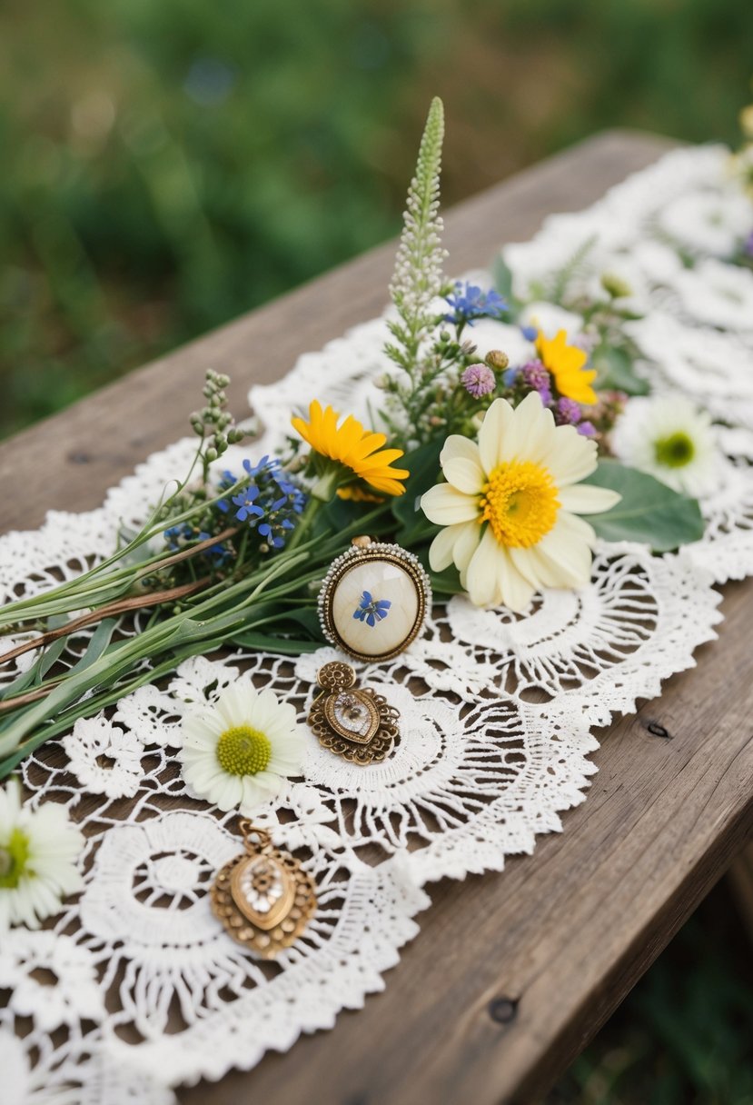 A wooden table adorned with delicate lace, wildflowers, and vintage earrings in a rustic setting