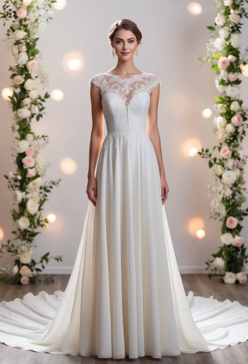 An A-line gown with a lace bodice, flowing down to the floor, surrounded by soft lighting and delicate floral accents