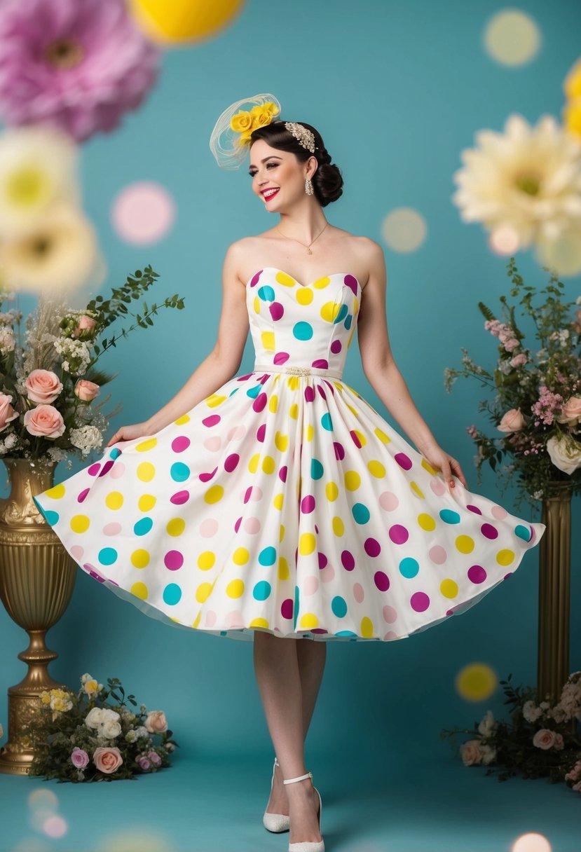 A bride twirls in a retro-inspired polka dot short wedding dress, surrounded by vintage decor and floral accents