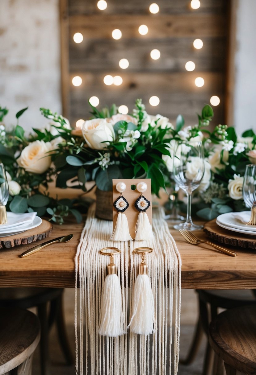 A wooden table adorned with bohemian tassel earrings and pearl accents, surrounded by rustic wedding decor