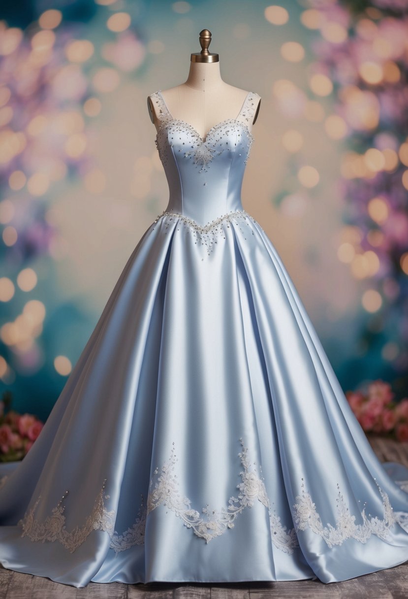 A satin princess dress with a flowing A-line silhouette, adorned with delicate lace and sparkling embellishments, set against a dreamy, fairytale backdrop