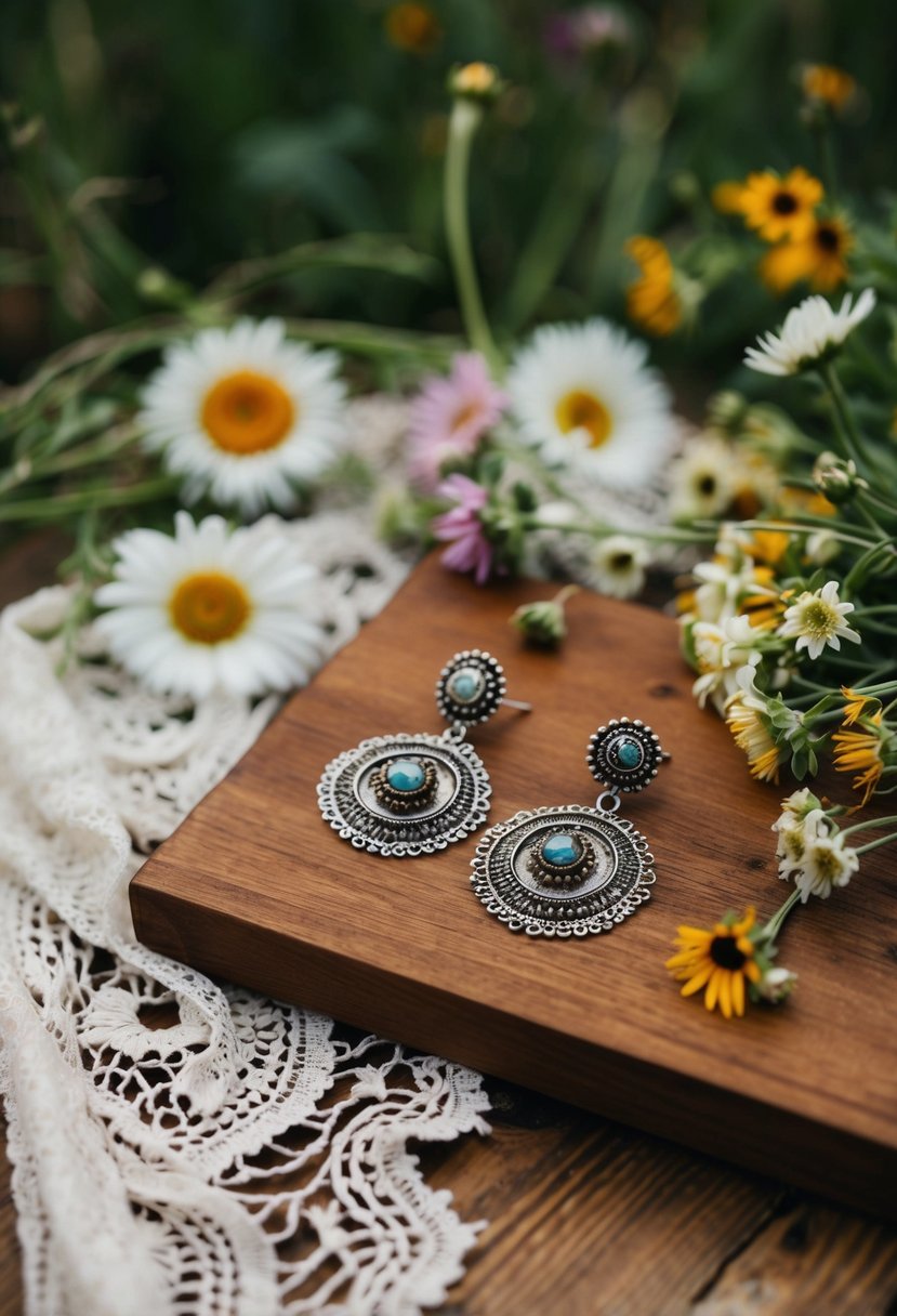 A wooden table adorned with bohemian-inspired earrings, surrounded by vintage lace and wildflowers