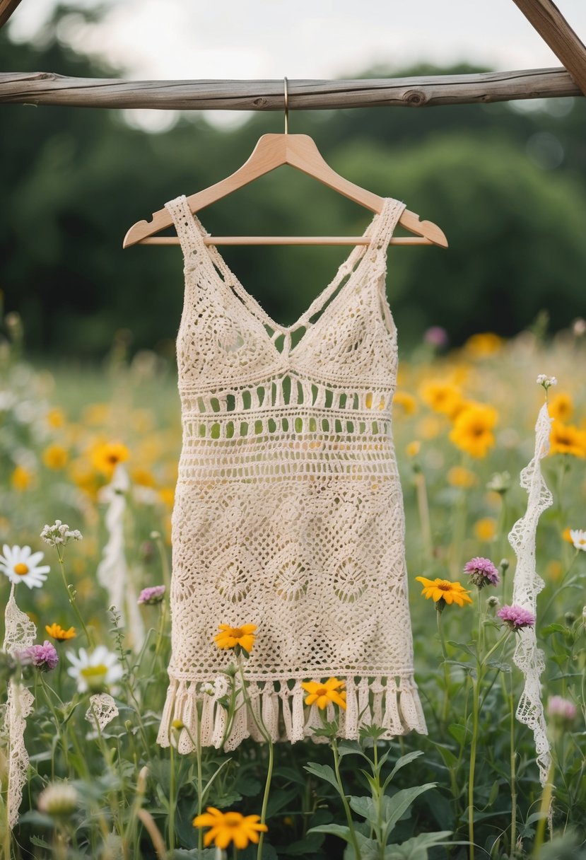 A bohemian crochet lace mini dress hangs on a rustic wooden hanger, surrounded by wildflowers and vintage lace trimmings