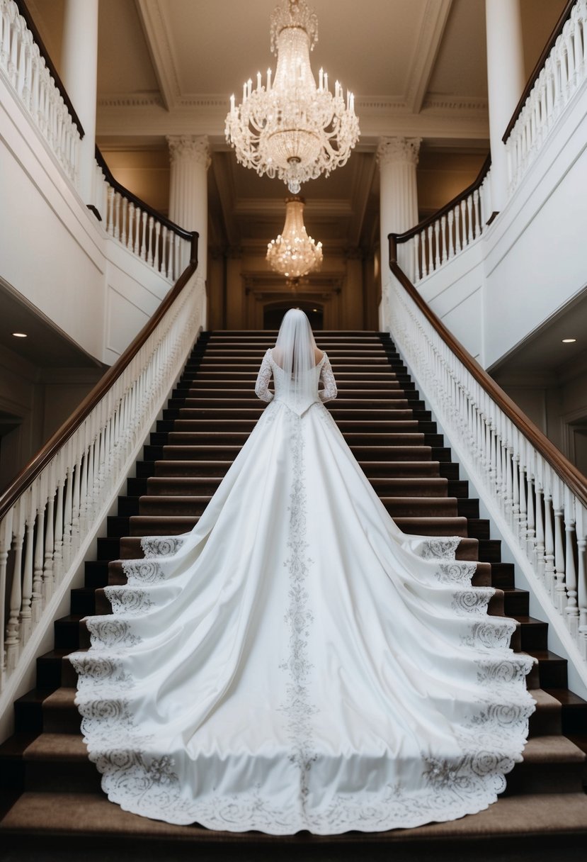 A regal gown with a sweeping cathedral train flows down a grand staircase, creating a majestic and elegant entrance