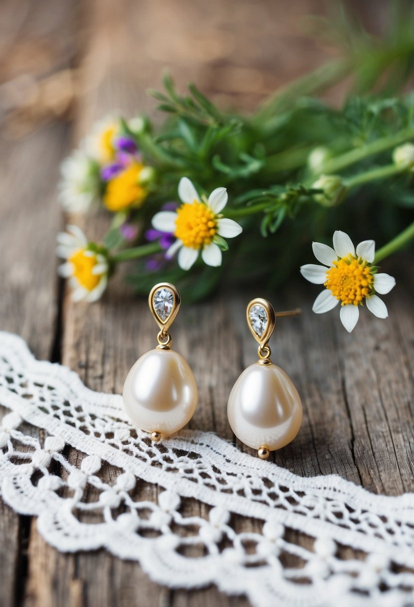 A rustic wooden table with lace and wildflowers, showcasing 14k gold pearl drop earrings