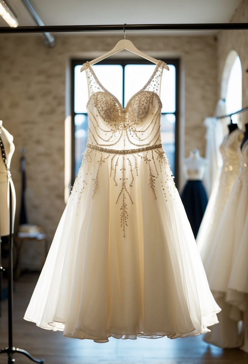 A short wedding dress adorned with delicate beadwork hangs on a mannequin in a sunlit atelier