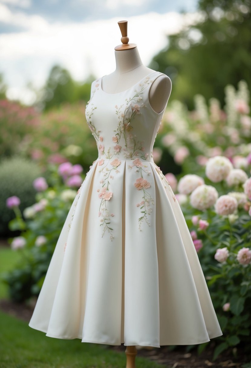 A-line dress with delicate floral appliqué, set against a backdrop of a serene garden with blooming flowers and a soft, romantic ambiance