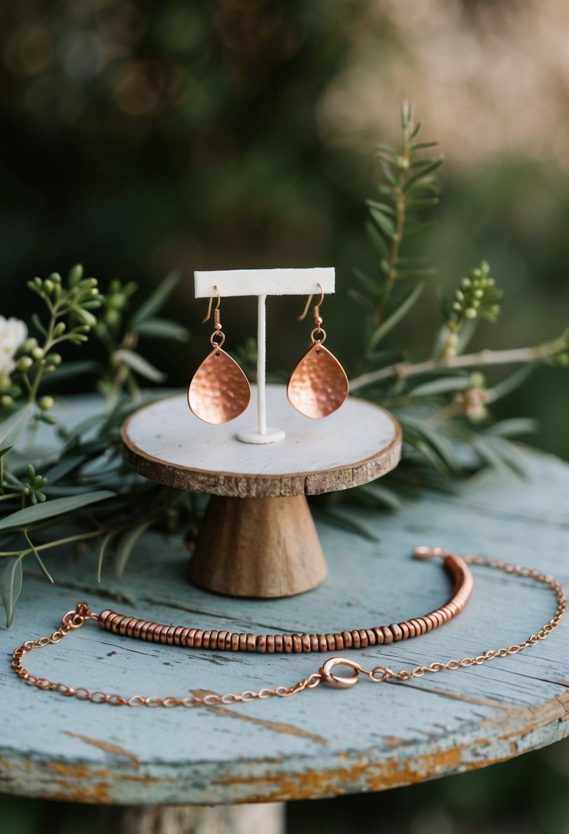 A rustic wedding jewelry set featuring copper earrings, a necklace, and a bracelet displayed on a weathered wooden table with greenery and natural elements