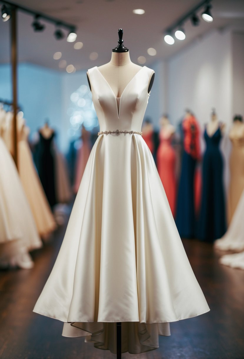 A drop-waist A-line princess wedding dress hangs on a mannequin, accentuating the torso with its sleek silhouette