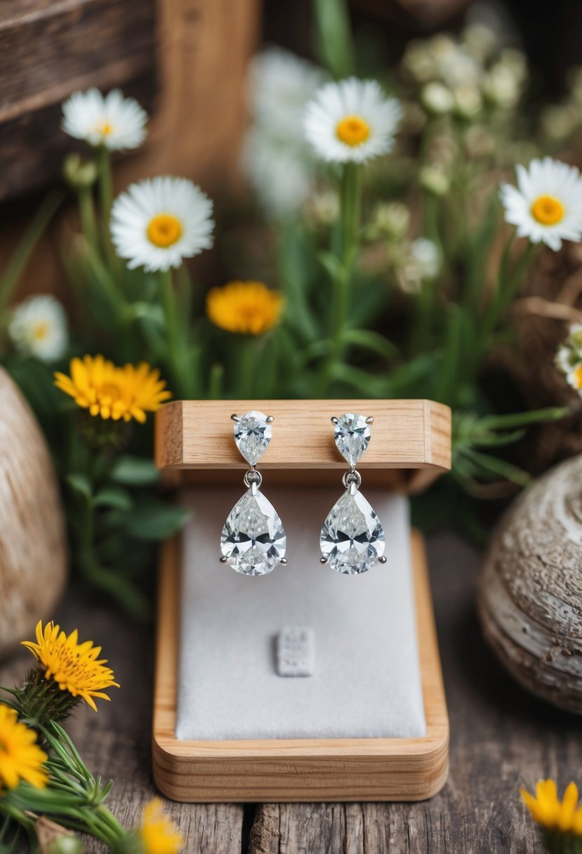 Two pear-shaped diamond earrings on a wooden display, surrounded by wildflowers and rustic decor