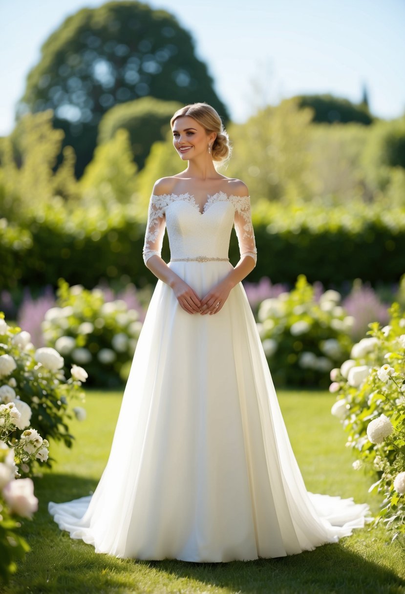 A bride stands in a sunlit garden, wearing an off-the-shoulder A-line wedding dress with delicate lace details, surrounded by blooming flowers