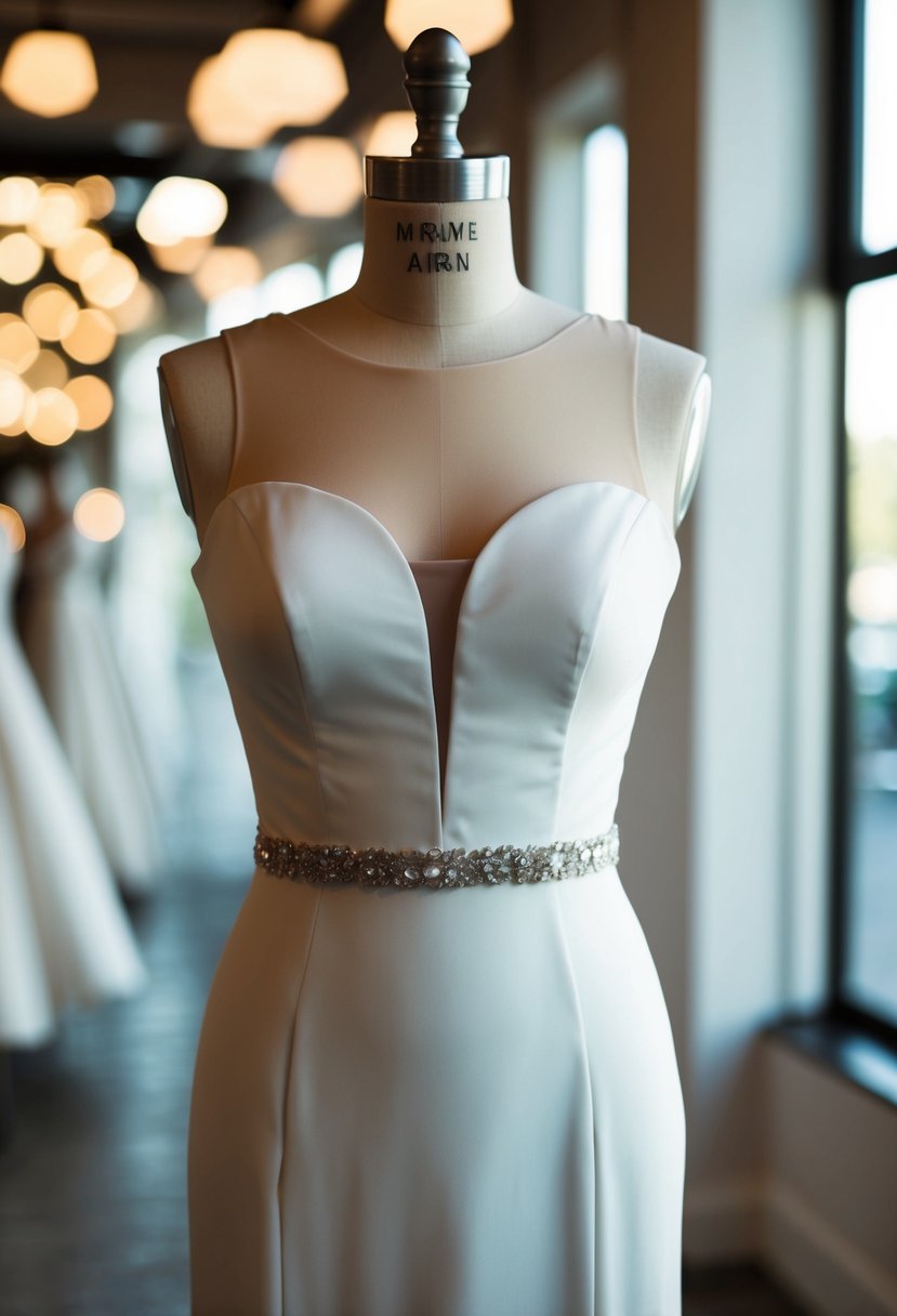 A sheath dress with illusion neckline on a mannequin