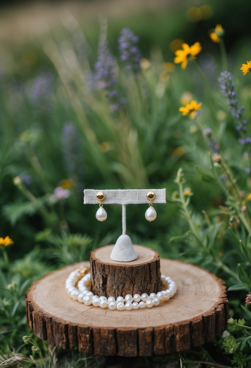 A rustic wooden table with delicate freshwater pearl earrings displayed on a bed of greenery and wildflowers