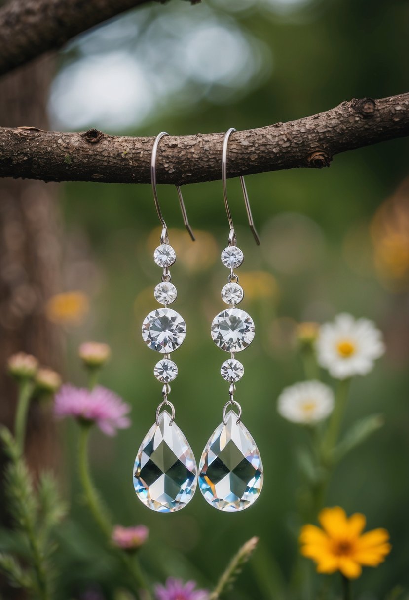 A pair of Swarovski crystal bridal earrings hanging from a tree branch, with wildflowers and rustic elements in the background