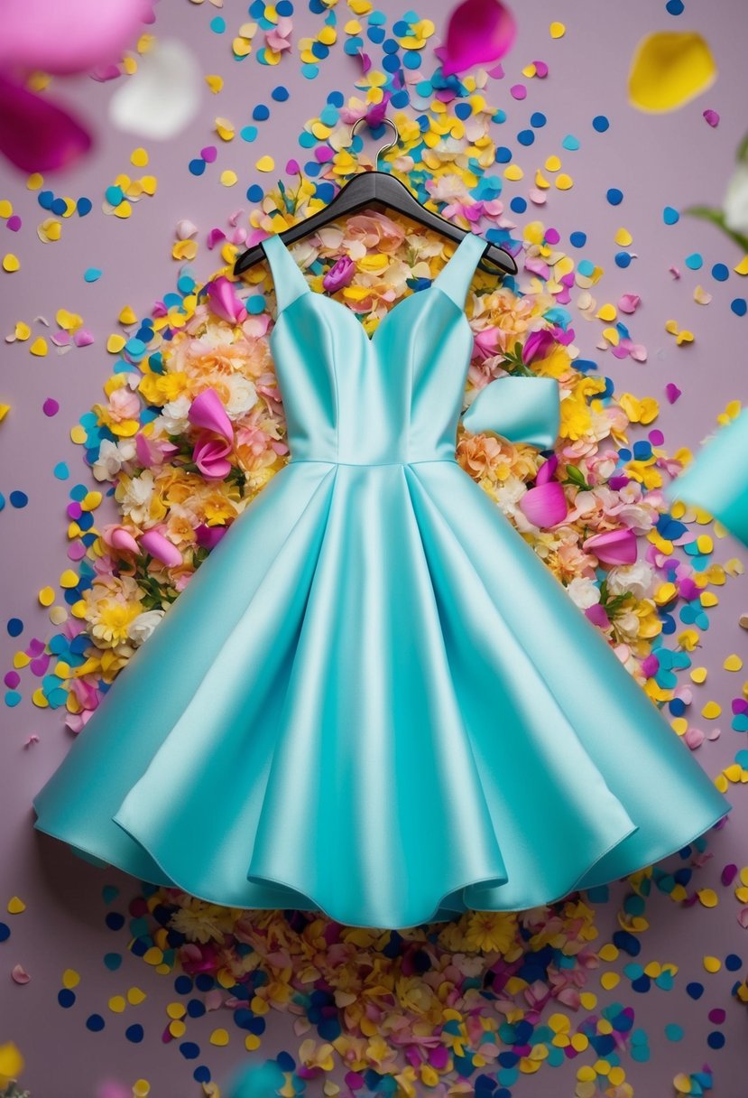 A scalloped hem dress hangs on a hanger, surrounded by colorful confetti and flower petals, with a playful and whimsical atmosphere