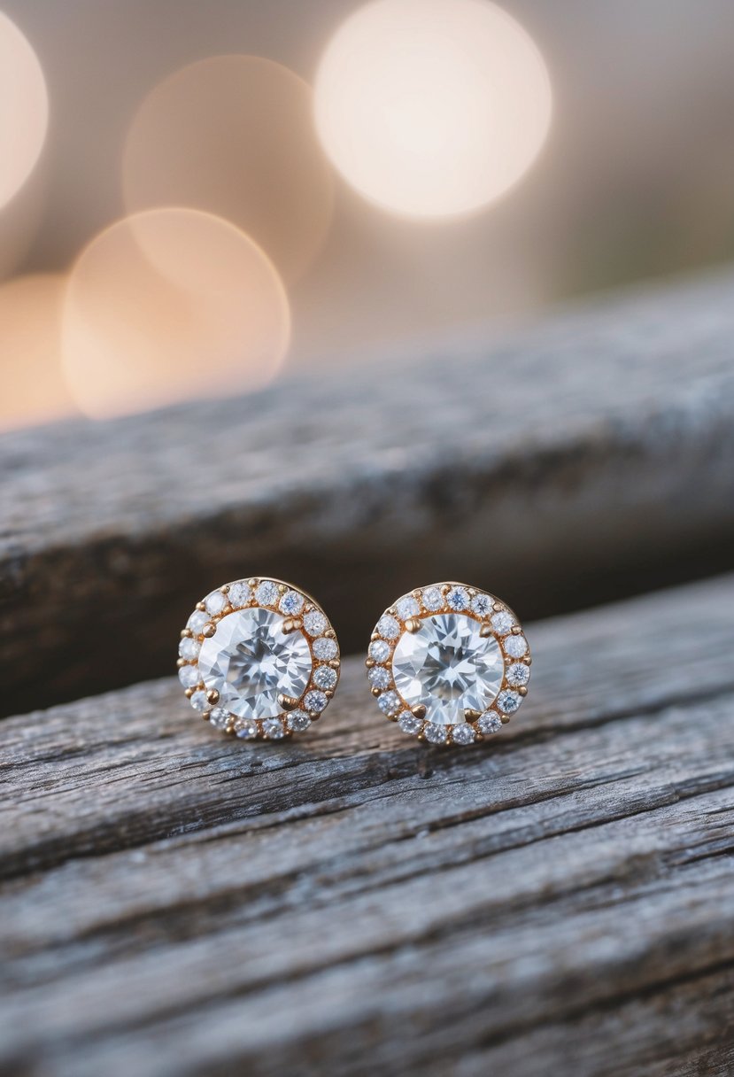 A pair of delicate, rustic chic bridal earrings adorned with sparkling cubic zirconia, set against a backdrop of weathered wood and soft, natural lighting