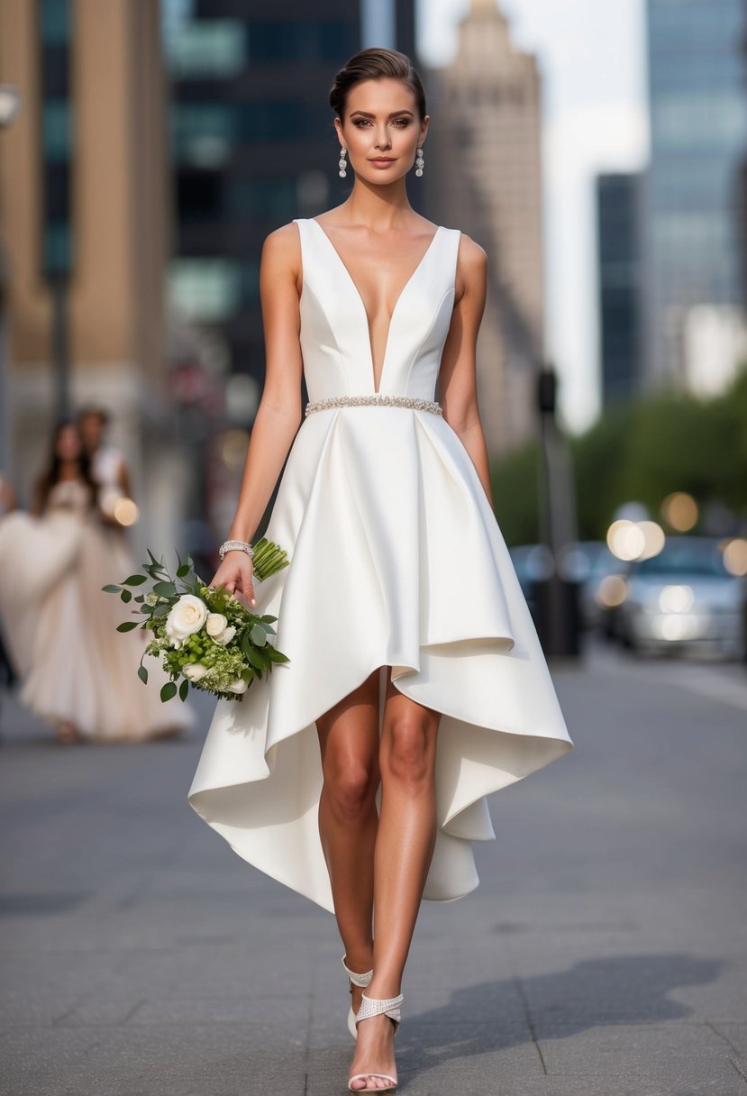 A short wedding dress with an asymmetrical hem, paired with modern accessories, creates a trendy and chic bridal look