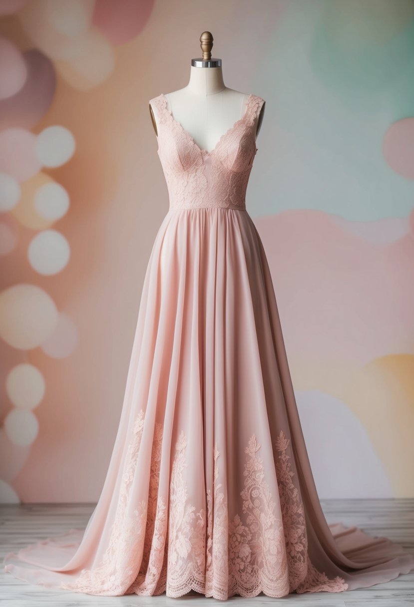 A blush-colored gown drapes elegantly over a mannequin, with delicate lace and a flowing A-line silhouette, set against a backdrop of soft pastel hues