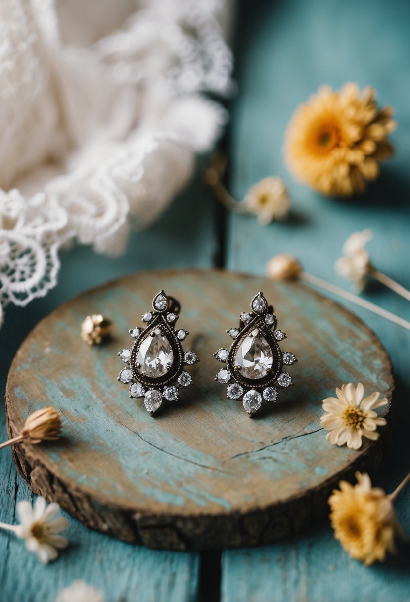 A pair of vintage-inspired bridal earrings displayed on a weathered wooden surface, surrounded by delicate lace and dried flowers