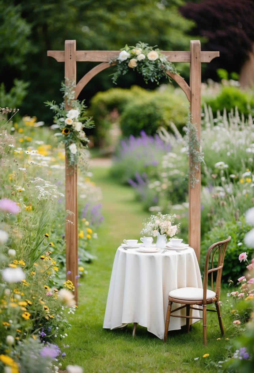 A cozy cottage garden with wildflowers, a rustic wooden arch, and a small vintage table set for a wedding tea party