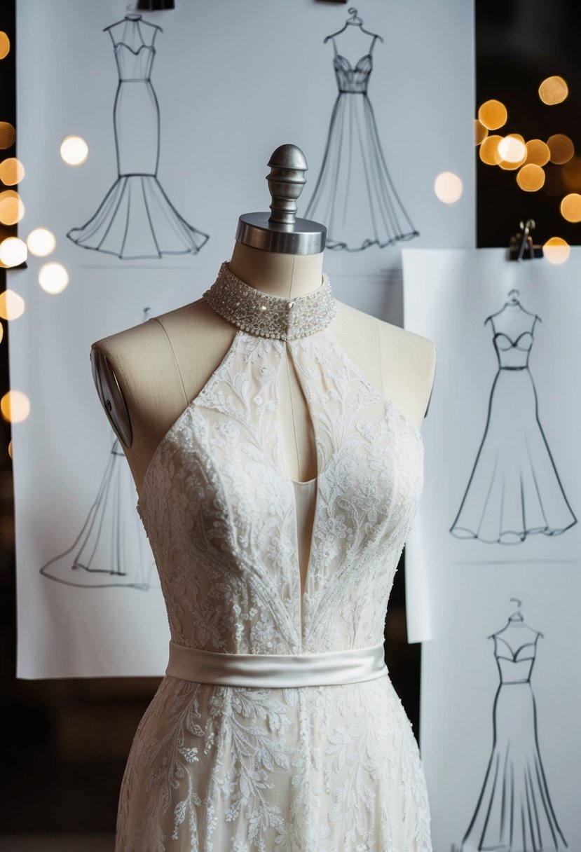 A high neckline dress on a mannequin, surrounded by sketches of A-line princess wedding dress ideas