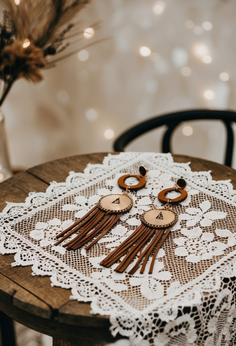 A rustic wooden table with a lace tablecloth, adorned with long dangle statement earrings in earthy tones and delicate details