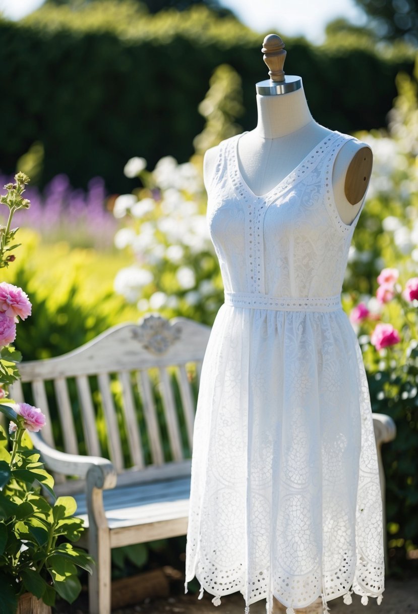 A sunny garden setting with a white eyelet lace dress on a mannequin, surrounded by blooming flowers and a vintage wooden bench