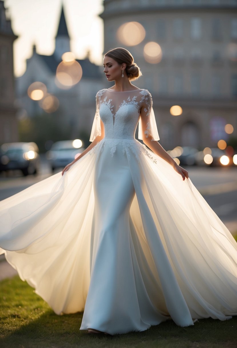 A flowing line princess wedding dress with illusion sleeves, creating a delicate and charming silhouette