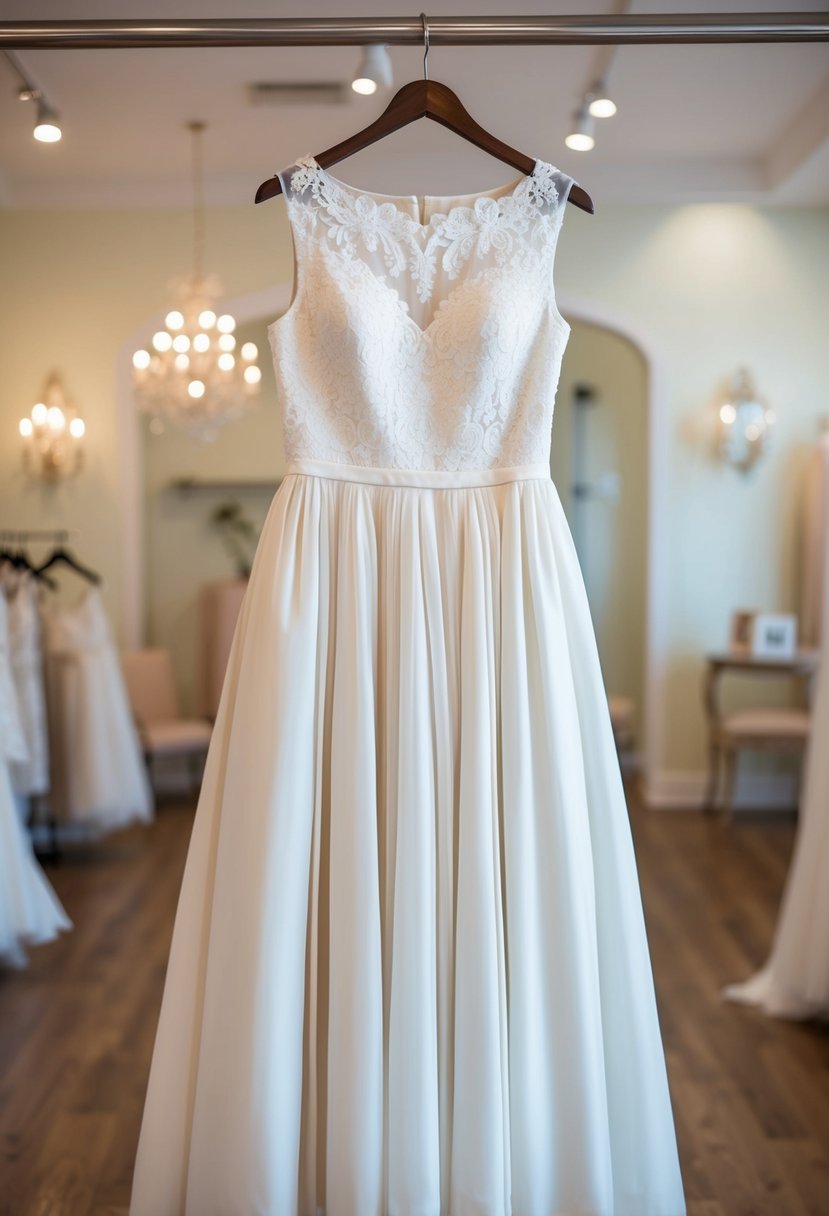 A cap sleeve dress hangs gracefully on a hanger, with delicate lace and a flowing skirt, in a serene bridal boutique