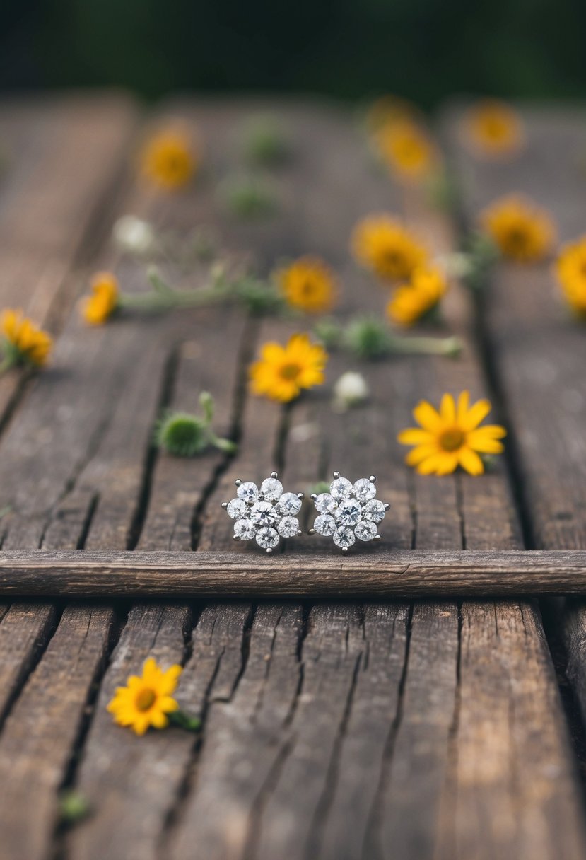 A rustic wooden table with scattered wildflowers, showcasing a pair of cluster diamond earrings