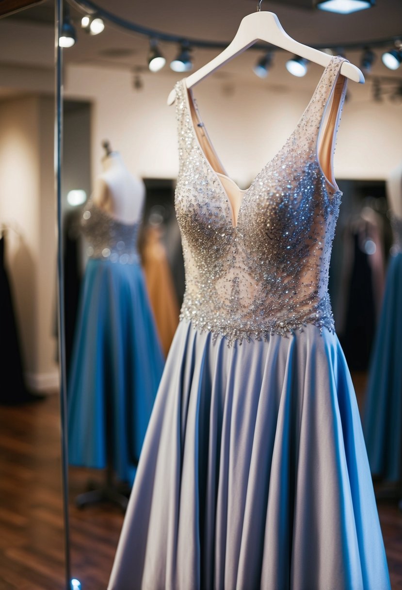 A sparkling beaded bodice gown hangs on a mannequin, with a flowing A-line skirt cascading to the floor