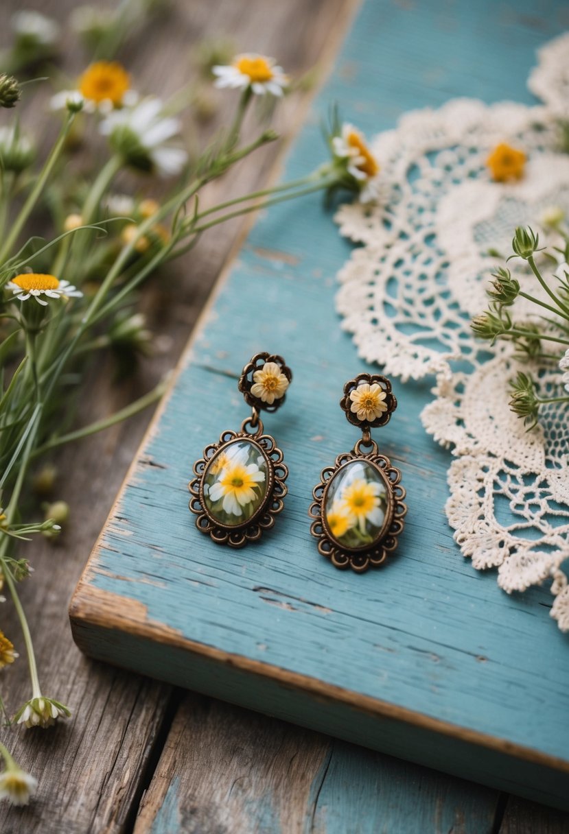 A pair of vintage-inspired rustic earrings displayed on a weathered wooden surface, surrounded by delicate wildflowers and antique lace