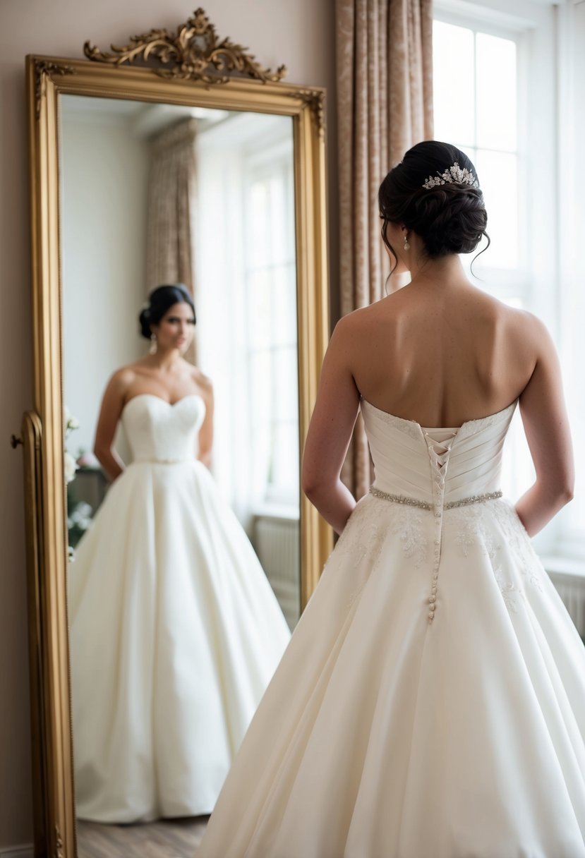 A bride stands in front of a mirror, wearing an A-line princess wedding dress with a sweetheart neckline, exuding timeless elegance