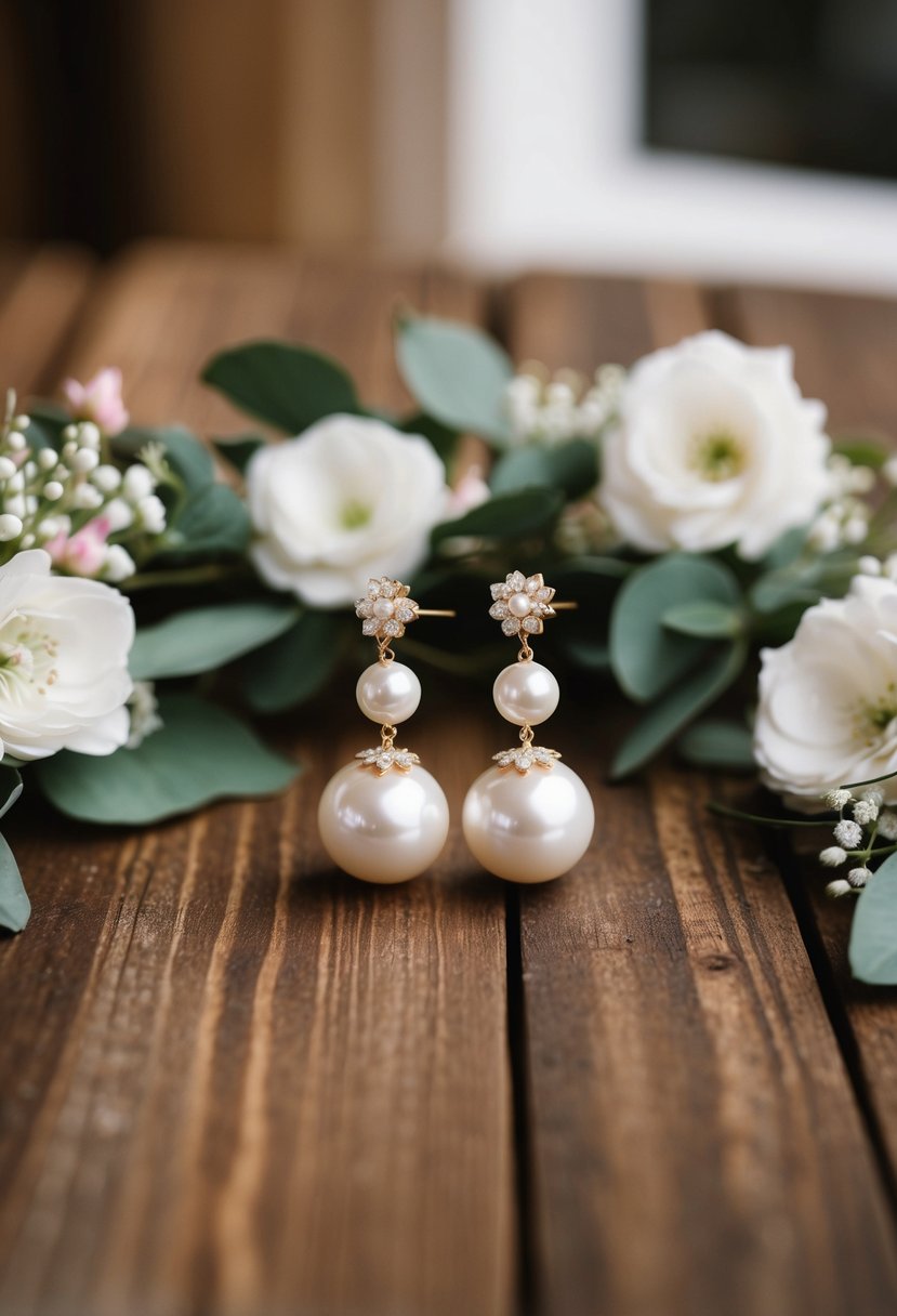 A wooden table adorned with faux pearl rustic wedding earrings and delicate floral accents