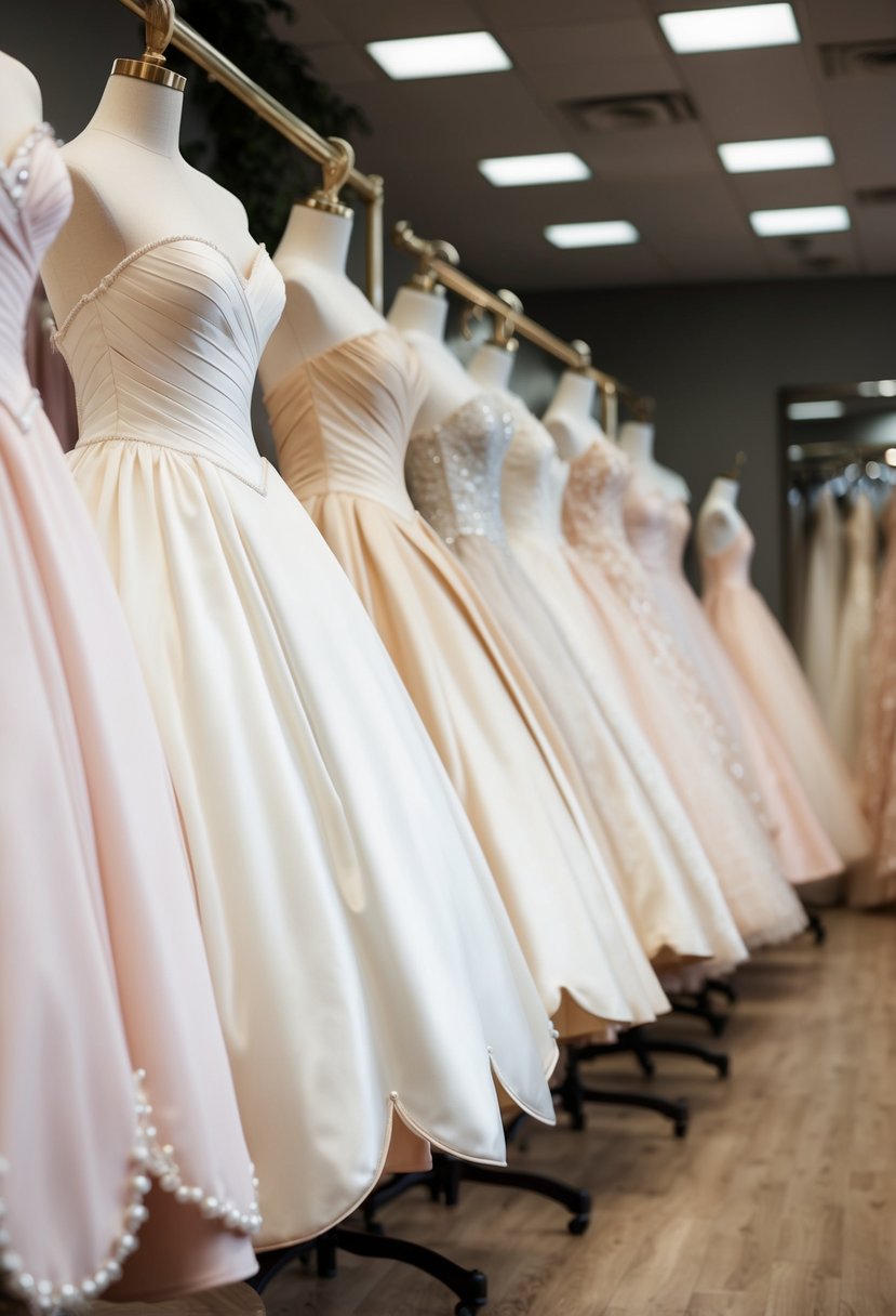 A row of elegant princess dresses with scalloped hems, displayed on mannequins, in a bridal boutique