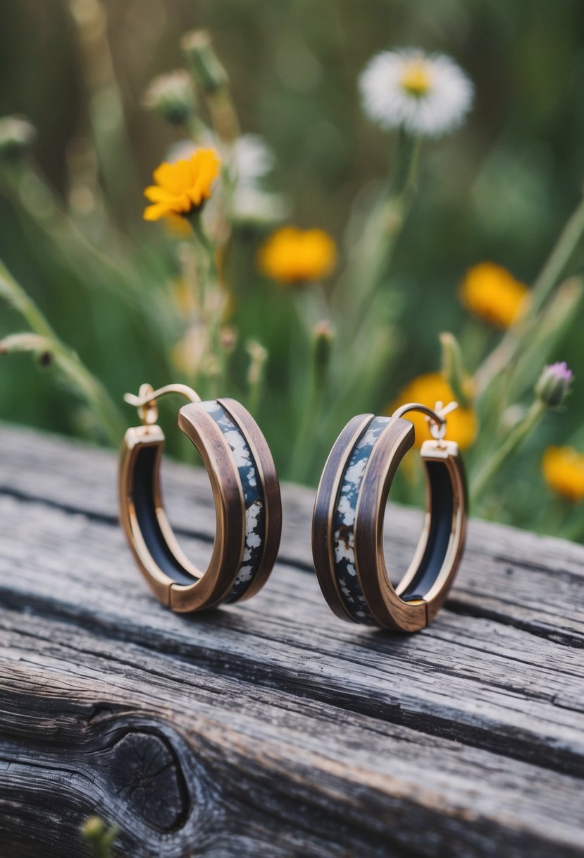 A pair of edgy gauge wedding earrings, featuring rustic and earthy elements, set against a backdrop of weathered wood and wildflowers