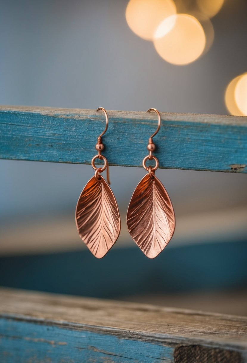 A pair of stylish copper rustic earrings displayed on a weathered wooden surface with soft lighting