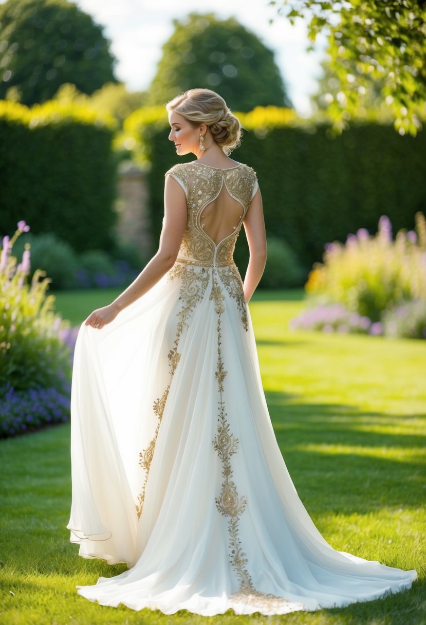 A bride in a flowing white gown with intricate gold embroidery, adorned with delicate lace and beading, standing in a sunlit garden