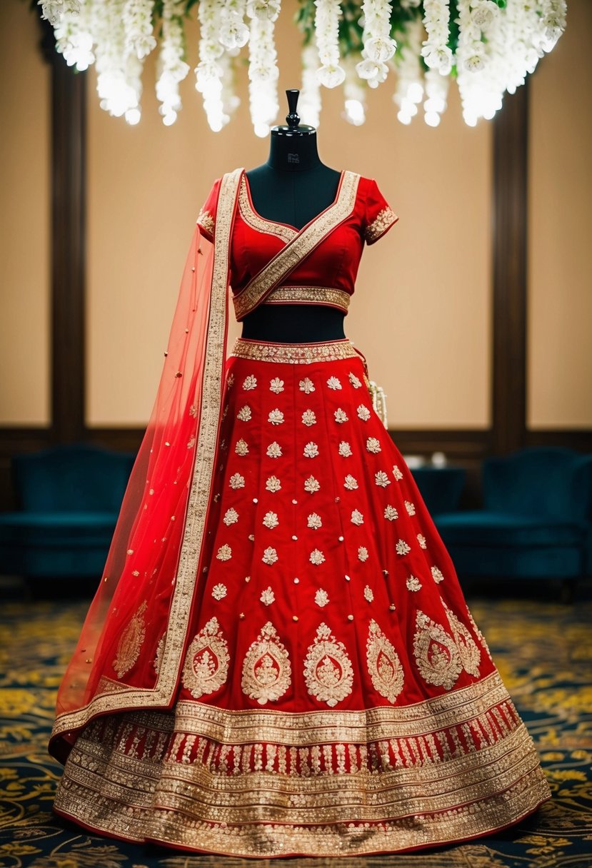 A classic red lehenga with golden embroidery displayed on a mannequin in a traditional Muslim wedding setting