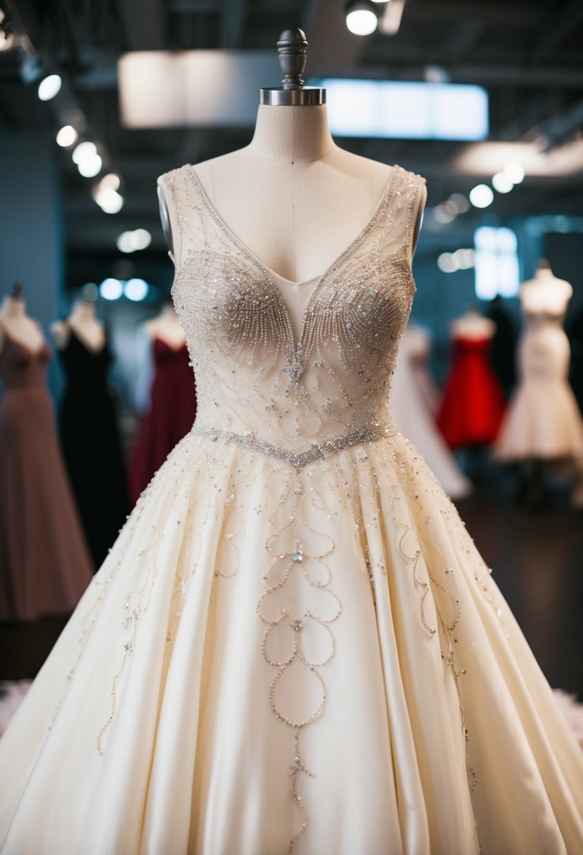 An elegant beaded ivory gown displayed on a mannequin