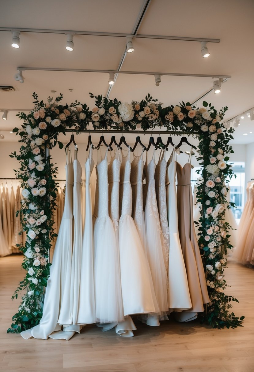 A rack of elegant wedding dresses in a boutique showroom, surrounded by soft lighting and floral arrangements